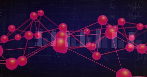 Displaying digital network of red-pink spheres linked by red lines in grid, with 스톡 일러스트