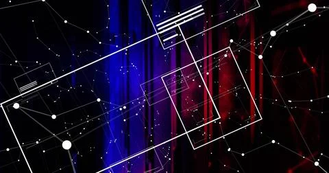 Displaying digital network on split blue red background, with white frames and Stock Illustration