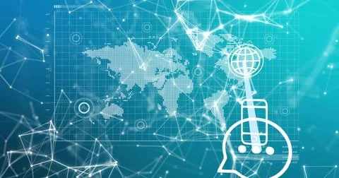 Displaying digital network visualization spanning dotted world map grid with Illustrazione stock