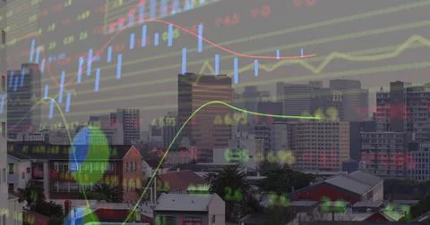 Displaying digital overlay flowing over skyline at dusk, with candlesticks trend Stock Photos