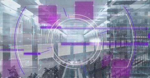 Displaying digital overlay hovering over atrium walkway, with purple lines, Stock Illustration