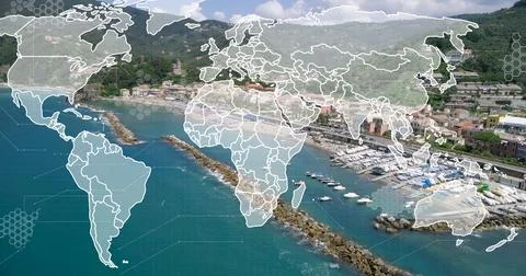 Displaying digital overlay mapping world map and hex grid over harbor, with 스톡 사진