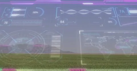 Displaying digital overlay spanning grassland to mountain horizon, with charts 写真素材