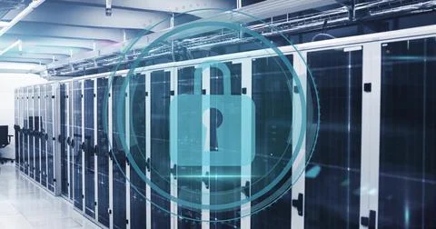 Displaying digital padlock icon hovering in holographic circle over server Stock Photos