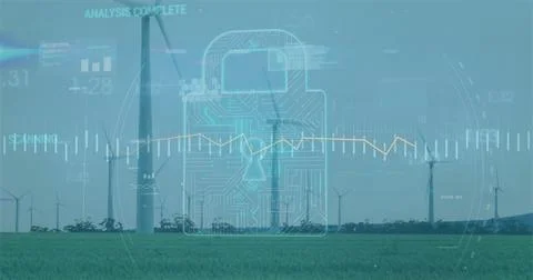 Displaying digital padlock securing data in rural wind farm, with wind turbines Foto stock