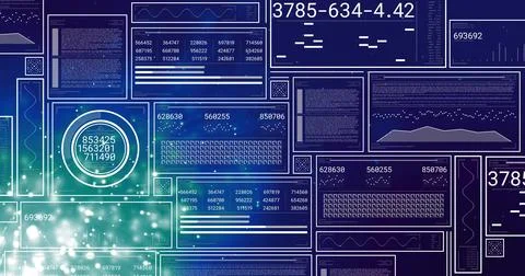 Displaying digital panels at control hub with code text, numeric readouts, Stockfoto's
