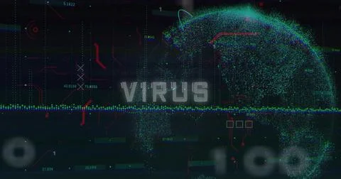 Displaying digital point-cloud globe and bold VIRUS label on virtual HUD screen, Stock Illustration