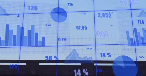 Displaying digital screen showing bar, line, pie charts and numeric labels in Illustrazione stock