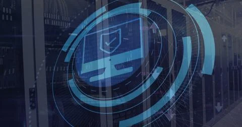 Displaying digital security graphic with concentric data circles in server room, Stock Illustration