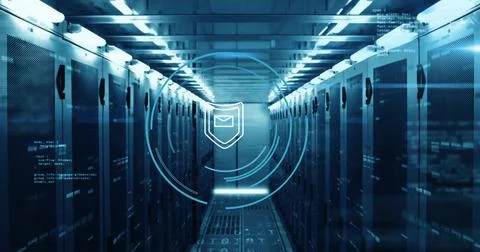 Displaying digital security shield overlaying data center aisle with server Stock Illustration