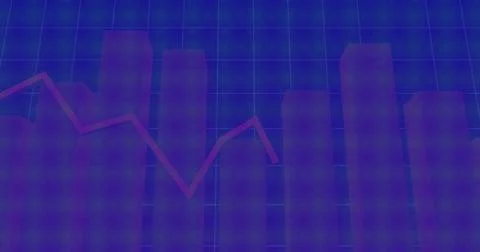 Displaying digital semi-transparent 3D bars rising on dark blue grid, with red Stockfoto's