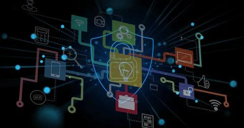 Displaying digital shield and padlock graphic at virtual interface, with network Foto stock
