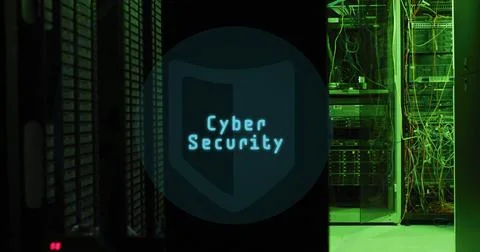 Displaying digital shield emblem glowing over secured data center, with server Stock Photos