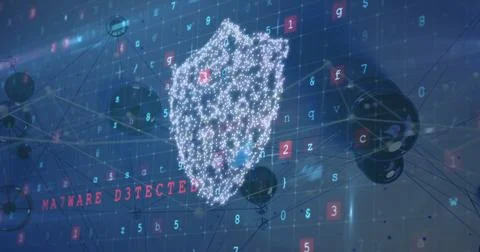 Displaying digital shield hovering in cyber network with nodes, alphanumeric Stock Illustration