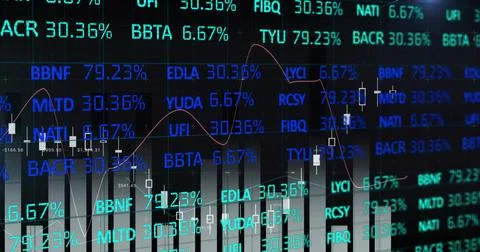 Displaying digital stock market interface with neon ticker symbols and Stock Illustration