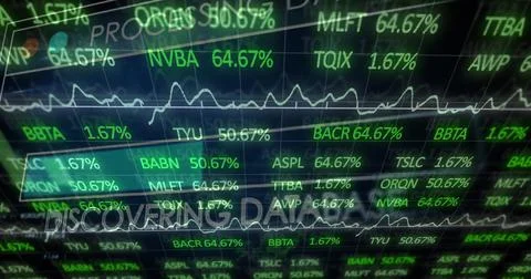 Displaying digital stock ticker streaming on trading dashboard, with green Stock Illustration