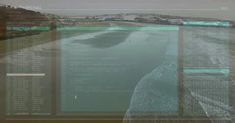 Displaying digital terminal interface hovering over beach dunes, with code 스톡 일러스트