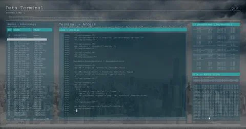 Displaying digital terminal interface panels on office monitor at dusk, with Stock Photos