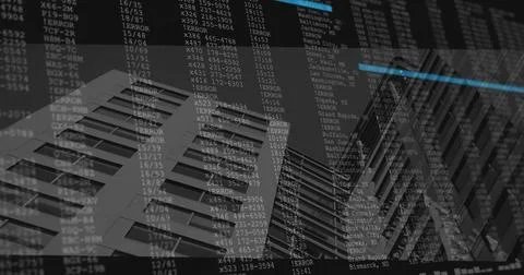 Displaying digital text overlay across office exteriors, with ERROR codes and Stock Photos