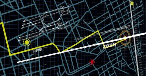 Displaying digital timeline map in digital dashboard, with yellow path line and Stock Illustration
