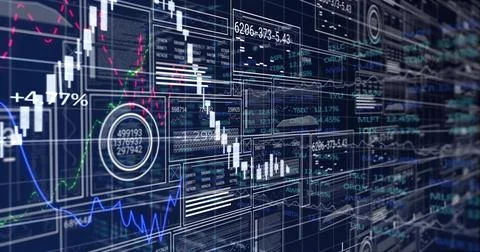 Displaying digital trading dashboard at virtual desk, showing candlestick charts Illustrazione stock