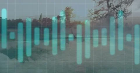 Displaying digital turquoise equalizer bars overlaying lakeside at dusk, with Stock Photos