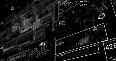 Displaying digital UI in cyberspace, featuring hexagon clusters, warning 库存插图