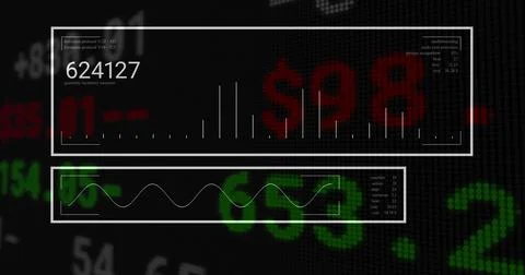 Displaying digital UI panels on grid background, presenting bar chart, waveform Stockillustratie
