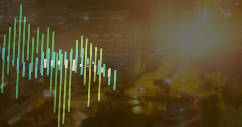 Displaying digital vertical bar visualization over towers at night, illuminated Stock-Illustration