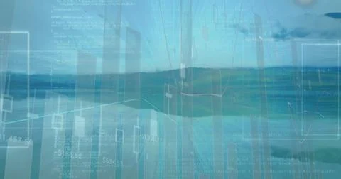 Displaying digital visualization hovering over open ocean, with translucent Foto stock