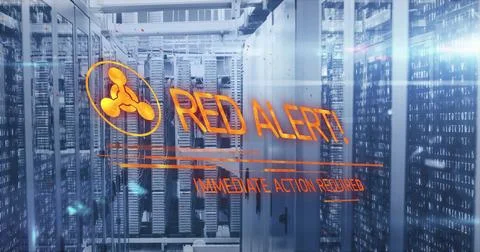 Displaying digital warning overlay over server racks in data center, with LEDs Stock Photos