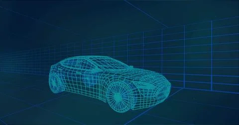 Displaying digital wireframe car model in virtual 3D modeling space, with Illustrazione stock