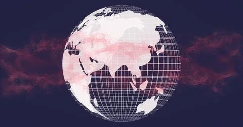 Displaying digital wireframe globe showing Asia and Australia on dark navy, with Illustrazione stock