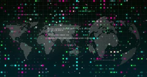 Displaying digital world map and rotating dotted globe on virtual grid, with Stock Illustration