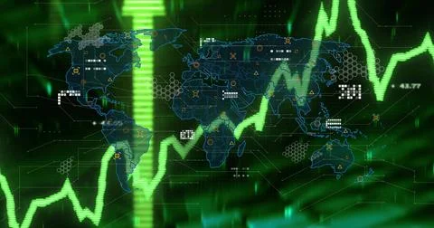 Displaying digital world map and jagged green line crossing virtual dashboard, Illustrazione stock