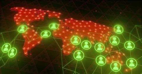 Displaying digital world map with avatars, neon-green nodes, links on dark Illustrazione stock