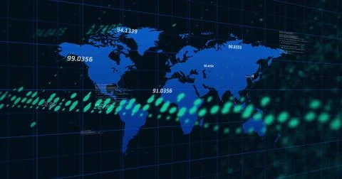 Displaying digital world map centered on dashboard, showing numeric labels, grid Stock Illustration