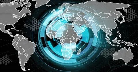 Displaying digital world map with concentric cyan HUD rings on virtual Illustrazione stock