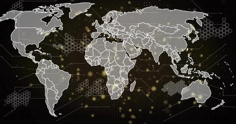 Displaying digital world map on dark grid overlay with gold points and hexagonal Illustrazione stock