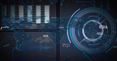 Displaying digital world map on dark grid console, showing circular HUD and Illustrazione stock