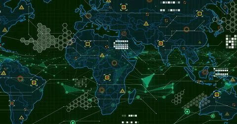 Displaying digital world map on dark green grid showing data warning icons and Stock Photos