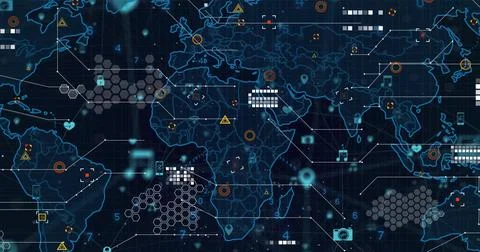Displaying digital world map on dashboard, with hexagonal grids, numeric blocks Illustrazione stock