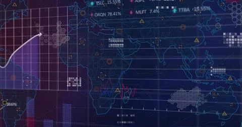 Displaying digital world map on dashboard with grid, charts, hexagon clusters, Stock Photos