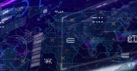 Displaying digital world map on dashboard, showing node markers, data tiles, hex Stock Photos