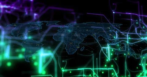 Displaying digital world map floating in virtual interface, with glowing nodes Illustrazione stock