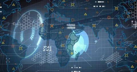 Displaying digital world map focusing on eastern Africa with radar ring, Stockillustratie