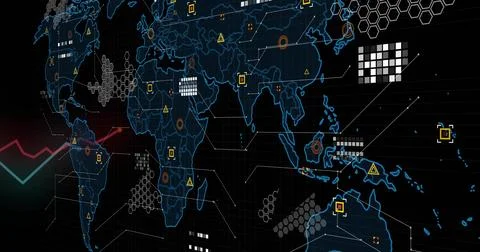Displaying digital world map glowing neon on dark grid showing hexes, nodes, Illustrazione stock