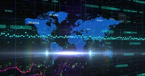 Displaying digital world map glowing on virtual trading dashboard, with Stock Photos