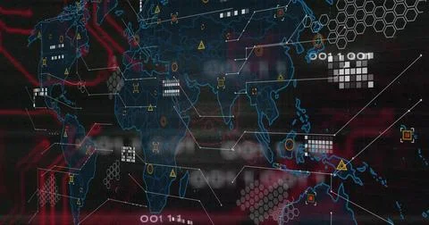 Displaying digital world map glowing blue outlines on dashboard, showing hex  Stockfoto's