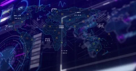 Displaying digital world map highlighting hex clusters, data nodes, warning Stock Illustration